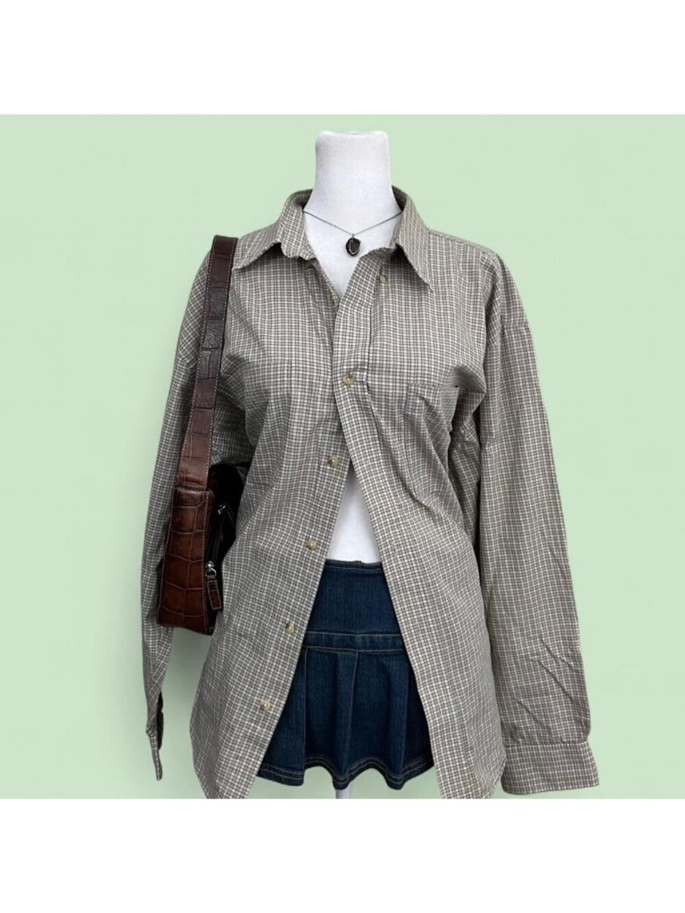 vintage 90s beige white plaid preppy indie skater button up